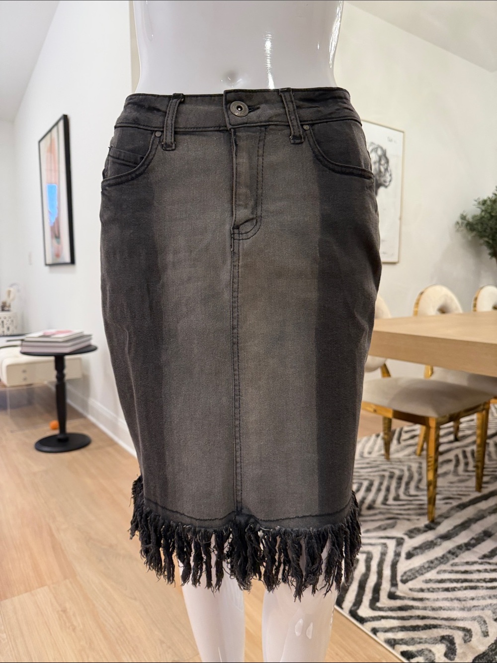 Indigo Thread Co. Ombré Black/Grey Denim Skirt with Fringe